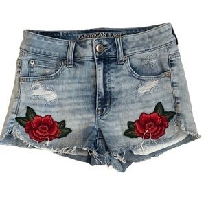 AMERICAN EAGLE Hi-Rise Shortie Festival Shorts Distressed Rose Size 2